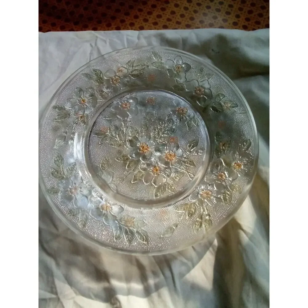 Vtg Rerverse Pressed Glass Plates~CLEAR with colored Flowers 8 1/4